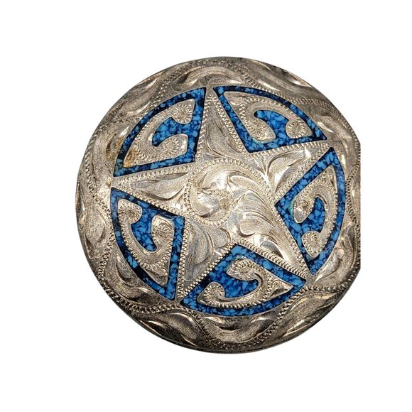 Faux Turquoise Etched Silver Plated Star Pendant Large Vintage Western Style - Picture 3 of 6